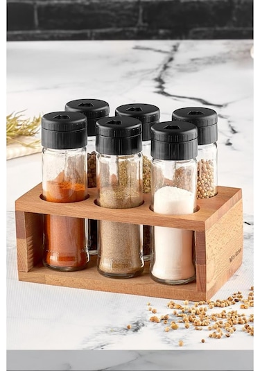 Ahşap Standlı 6'lı Cam Baharatlık Seti - Tuzluk Biberlik Baharatlık Şeffaf