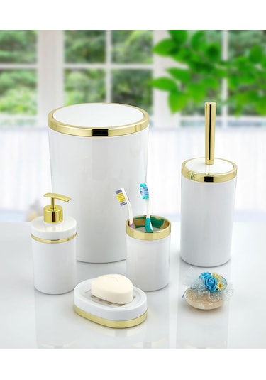 Akrilik Yapım Gold Çizgi 5'Li Yuvarlak Banyo Seti Beyaz