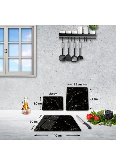 Decorita Cam Kesme Tahtası | Siyah Mermer Görünümlü | 3'lü Takım