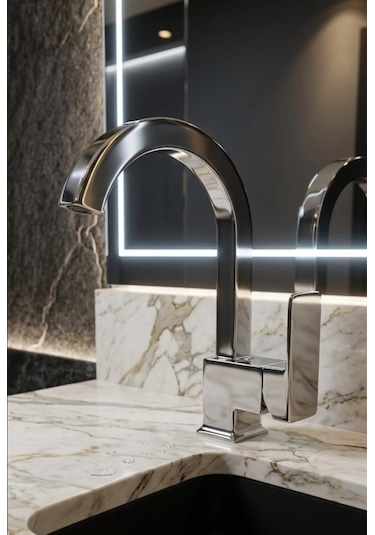 Kare Krom Lavabo Bataryası Tek Kollu Aç Kapa Musluk Modern Lüks Tasarım Profil Paslanmaz