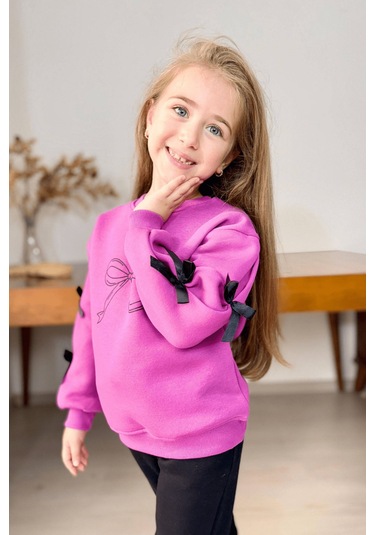 5-14 Yaş Kolları Fiyonklu Kız Çocuk Eşofman Takımı Pembe Pembe