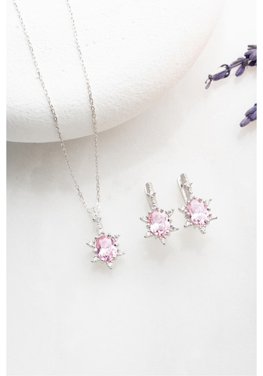 Nereze 925 Ayar Gümüş Pembe Oval Taşlı Küpe Ve Kolye Set