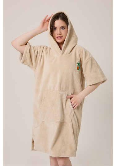 Palmiye Sörf Nakışlı Yetişkin Sörf Yazlık Panço Kapüşonlu Plaj Havlusu Bej Bej