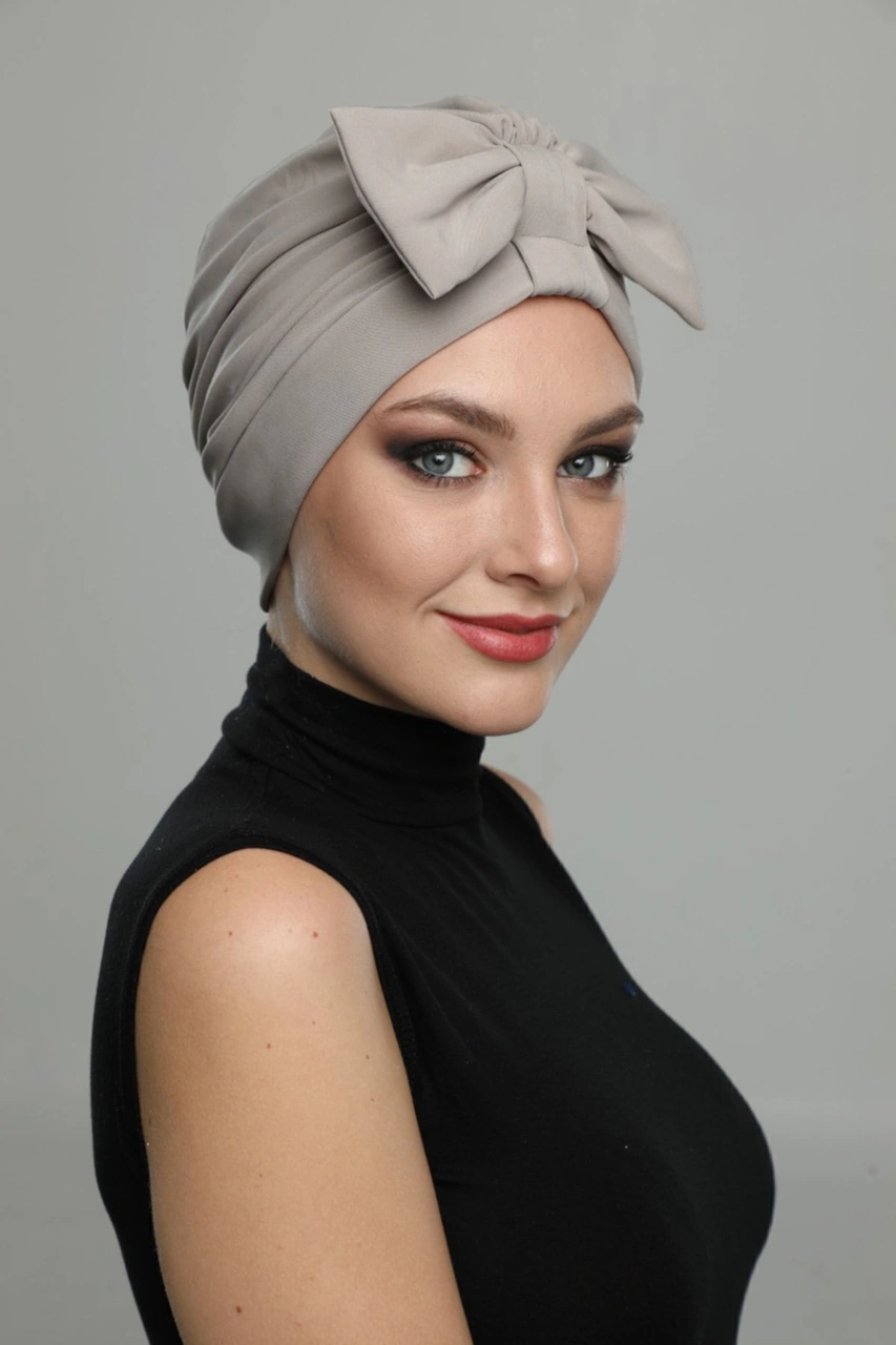 Fiyonklu Kum Beji Hazır Türban Tesettür Havuz Bonesi Kum Beji