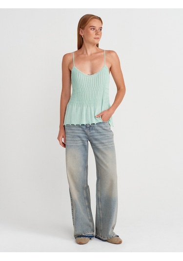 Dilvin 10792 Askılı İnce Dokulu Triko Bluz-mint Mint