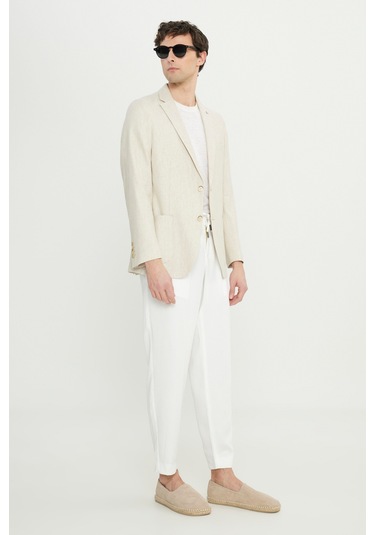 Erkek Bej Yumuşak Dokulu Keten Slim Fit Dar Kesim Mono Yaka Diagonal Desenli Ceket Bej
