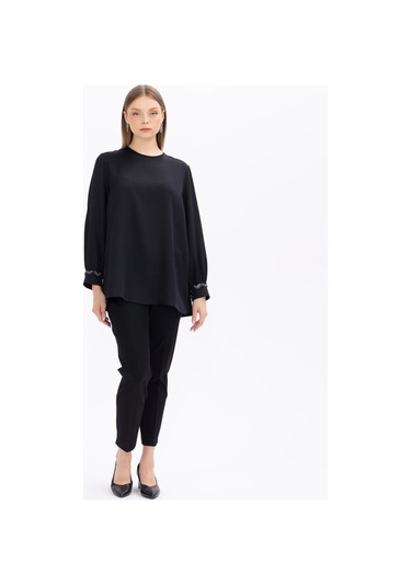 Scl Bisiklet Yaka Kol Detaylı Siyah Kadın Bluz 2321001002 001