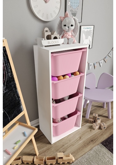 %100 Mdf - Large Mono 4 Büyük Sepetli Oyuncak Dolabı Pembe