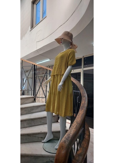 İtalyan Müslin Keteni Üstü File Bluzlu Astarlı Tek Parça Elbise Hardal Sarısı Hardal