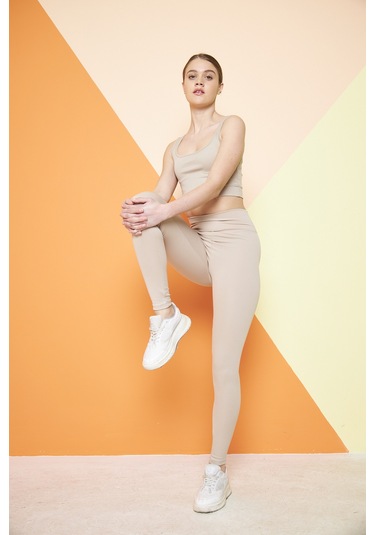 Haki Yüksek Bel Fitilli Toparlayıcı İnterlok Örme Şardonlu Spor Kışlık Tayt Bej