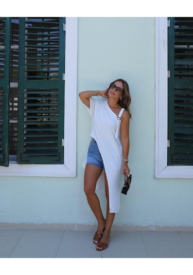 Soonaksesuar Kadın Tek Omuzu Açık Askılı Asimetrik Kesim Detaylı Bluz Beyaz