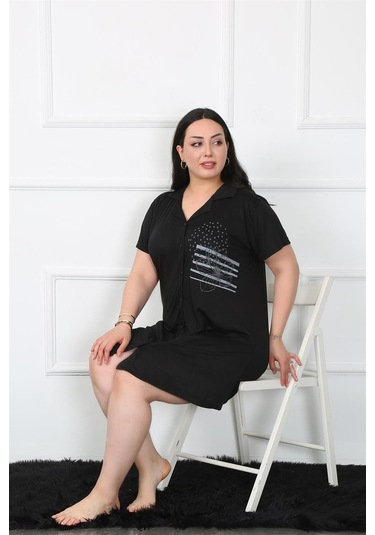 Akbeniz Büyük Beden Penye Düğmeli Siyah Tunik Gecelik 1025-siyah Siyah