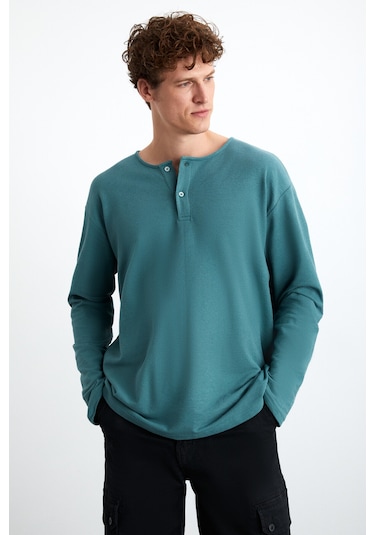 Lorenzo  Erkek Özel Rustik Dokulu %100 Organik Pamuk Düğme Detaylı Regular Yeşil Sweatshirt