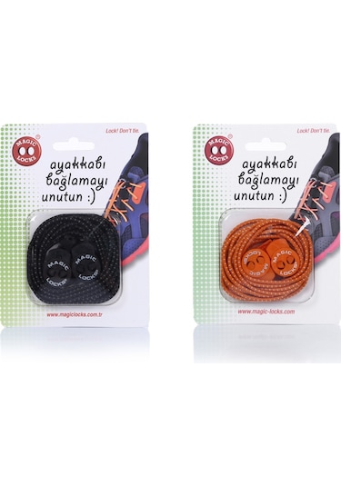Magic Locks Yuvarlak Akıllı Ayakkabı Bağcık 2'li Set Siyah-Turuncu