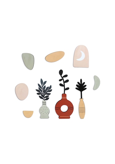 Cajuart 9 Parça Dekoratif Ahşap Sanasal Vazo Çiçek Pastel Renk Duvar Tablo Seti Ahşap Dekor