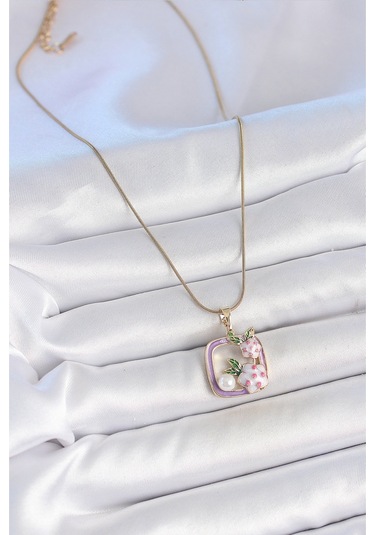 316l Çelik Gold Renk Zincir Mor Mineli Kare Model Çiçek İşlemeli İnci Detay Kadın Kolye Diğer