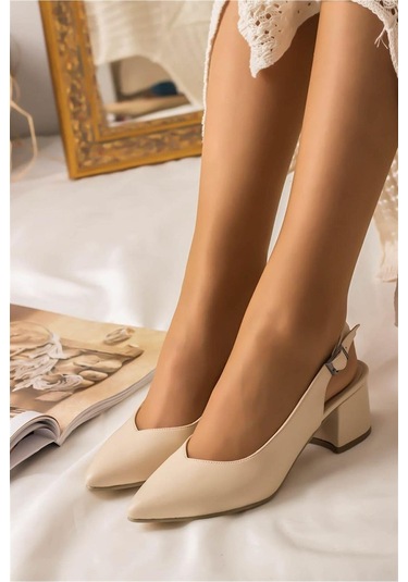 Aymood Nude Cilt Kadın Şık Günlük Rahat Kısa Topuklu Ayakkabı Arkası Açık Topuk Boyu 5cm Krem