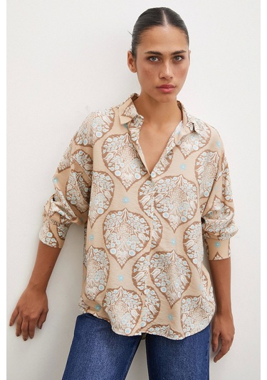 Never More Çini Desenli Modal Gömlek Kahve