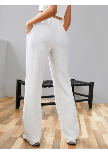 Kallima Kışlık Polarlı Yüksek Bel Beyaz Bol Paça Eşofman Altı Siyah