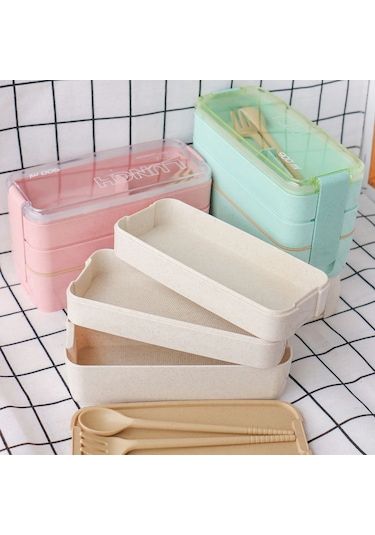 Ranyeek Öğrenci Ve Ofis Çalışanı İçin Üç Katlı Buğday Saplı Bölmeli Plastik Mutfak Sandviç Kutusu Pembe Diğer