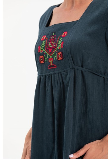 Kısa Kol Şile Bezi Melek Midi Boy Elbise Petrol Ptrl