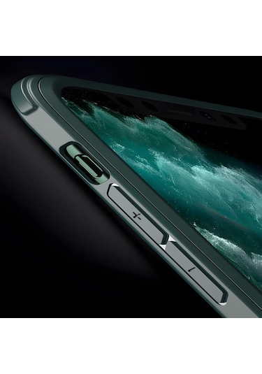 Apple Uyumlu iPhone 11 Pro Max Kılıf Dor Silikon Temperli Cam Kapak Koyu Yeşil