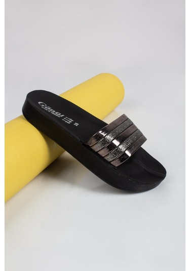 Kız Çocuk Simli Gold Detaylı Terlik-5676-koyu Kahve Koyu Kahverengi