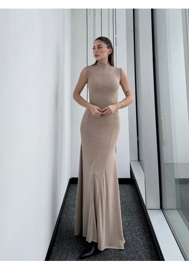 Kolsuz Yarım Bogazlı Uzun Elbise- Bej BEJ