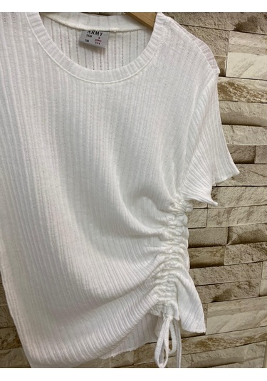 Aysbebe Bağcıklı Bluz + Bol Paça Fitilli Kumaş Pantolon Kız Çocuk Yazlık Takım Beyaz - Mavi 2254