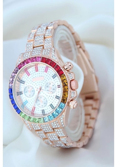Clariss Trend Rose Metal Kordonlu Zirkon Taş Kaplama Renkli Taşlı Kasa Tasarımlı Lüx Kadın Kol Saati Gold