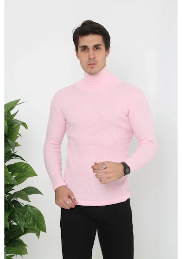 Erkek Kaşkorse Boğazlı Full Likralı Fitilli Body Kazak - Toz Pembe Pembe