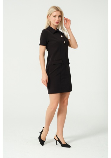 Polo Yaka Mini Elbise Siyah