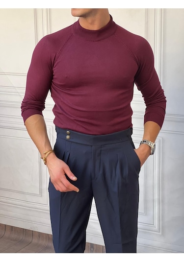Modefendi Slimfit Kalıp Pamuklu Triko Yarım Balıkçı Triko Kazak Bordo