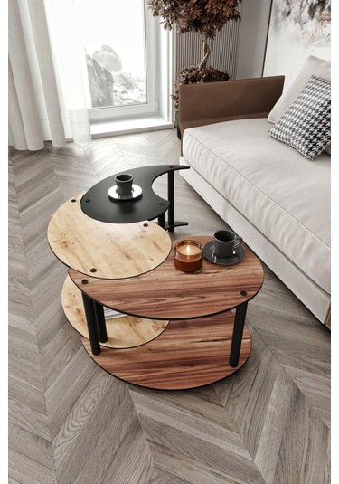 Yin Yang Unity Serenity Orta Sehpa 3 Lü Meşe Ceviz Siyah 70 Cm Meşe