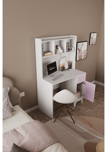 Df09105 Çekmeceli Kapaklı Kitaplıklı Çalışma Masası Bilgisayar Masası Pembe