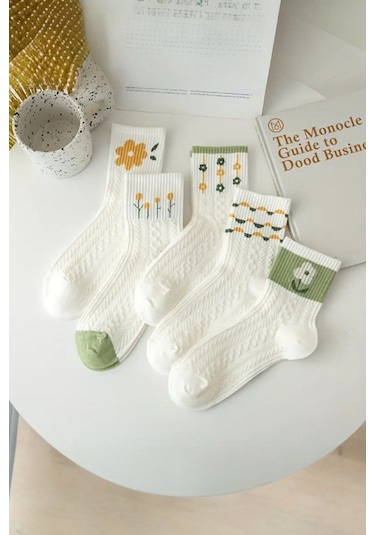 Kadın 5 Çift Premium Kalite Yeçil Çiçek Desenli Soket Çorap Beyaz - Yeşil