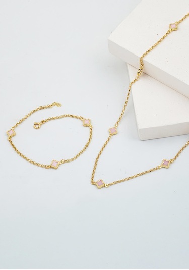 Bilezikci Pembe Yoncalı 14 Ayar Kolye Bileklikli Altın Set