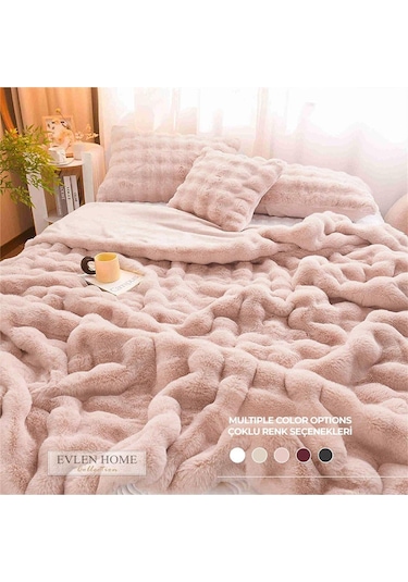 Evlen Home Kürk Yatak Örtüsü Çift Kişilik Dolgulu Peluş Yumuşak Çift Taraflı Yorgan 3 Parça Loria Pudra