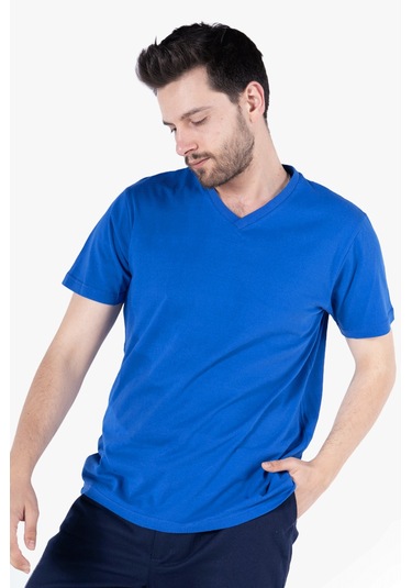 V Yaka T-shirt Saks Mavi