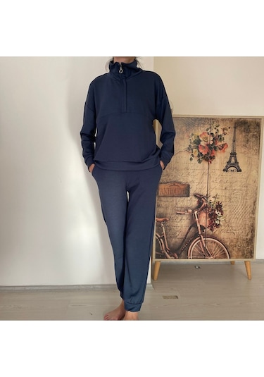 Bluety Kadın Model Kumaş Uzun Kollu Takım İndigo