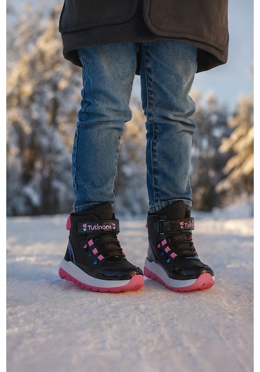 Kız Çoçuk Sim Detaylı Kışlık Kaymaz Taban Su Geçirmez Cırt Cırtlı Yarım Bot Siyah - Fuşya