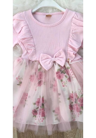 Kız Çocuk Çiçekli Toz Pembe Doğum Günü Abiye Prenses Şık Elbise Pembe