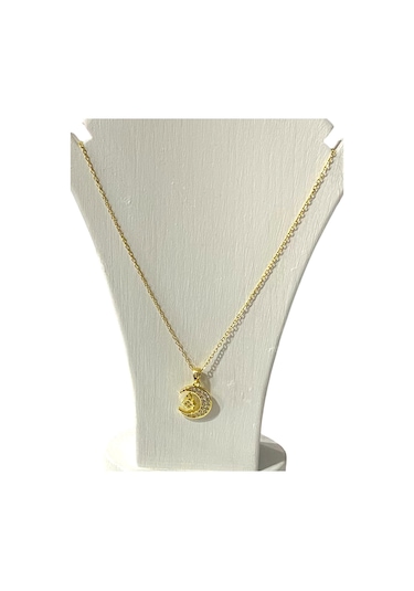 Kadın Çelik Ayyıldızlı Beyaz Zirkon Taşlı Altın Renk Kolye Çelik