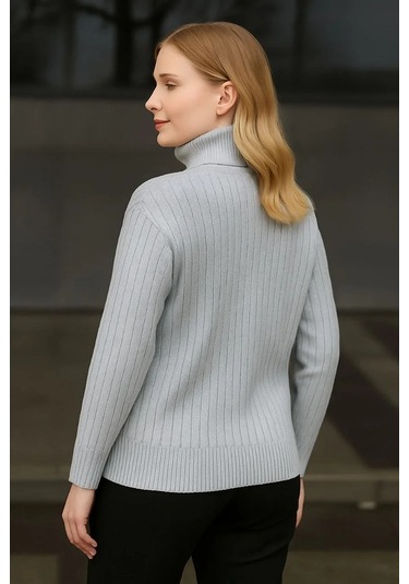 Kadın Balıkcı Yaka Bağazlı Triko Kazak Pamuklu Kalın Fitilli Dokuma - Gri Gri