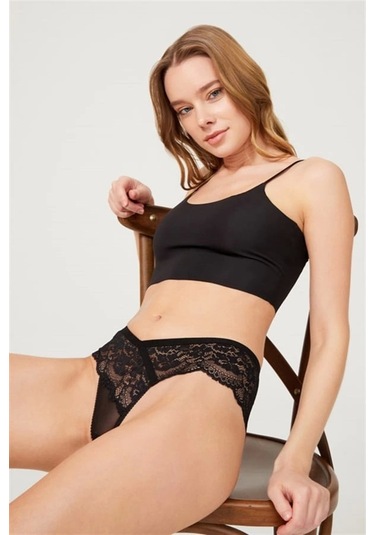 Cottonhill Dantelli Transparan Kadın Brezilya Külot Siyah