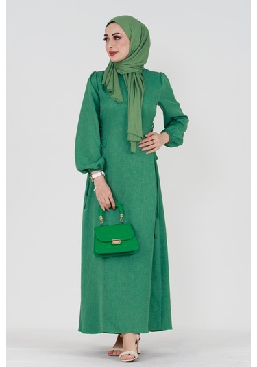 Yanı Bağcıklı Keten Elbise-yeşil-3369-kiremit Kiremit