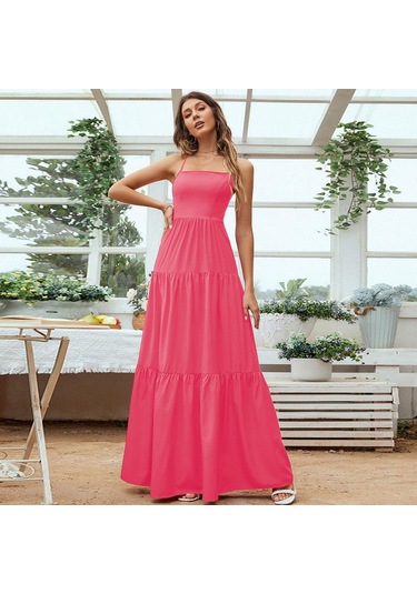 Hnxc Kadın Moda Yaz Bahar Düz Renk Baskı Kolsuz Kare Yaka Günlük Elbiseler Pembe