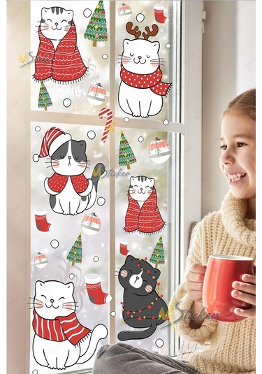 Yılbaşı Sevimli Kedileri Yeni Yıl Kedileri Cam Kapı Duvar Sticker Seti, Yılbaşı Süsü Dijital Baskı