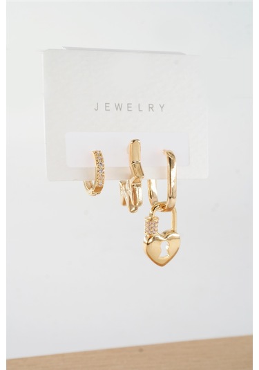 By Zeyna Aksesuar Kadın Vip Seri Antialerjik Baget Zirkon Taşlı 3'lü Küpe-5183 Altın