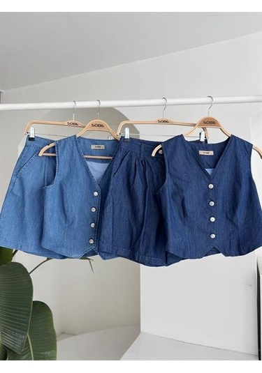 Gümüş Düğmeli Yelek Ve Şort Tensel Takım 10174 Koyumavi